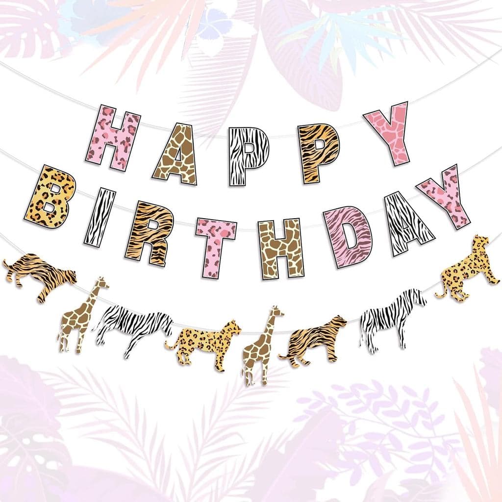 Decorações de Aniversário Safari, Artigos para Festa com Tema de Selva para Meninas - Faixa de Feliz Aniversário com Gue