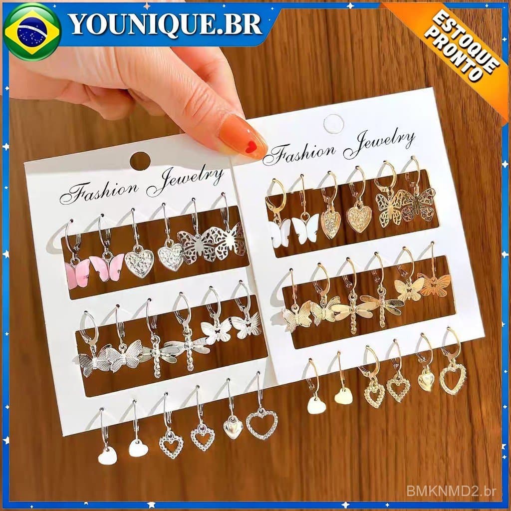 Conjunto de brincos de 9 peças brincos fofos de borboleta em forma de coração conjunto dourado e prateado