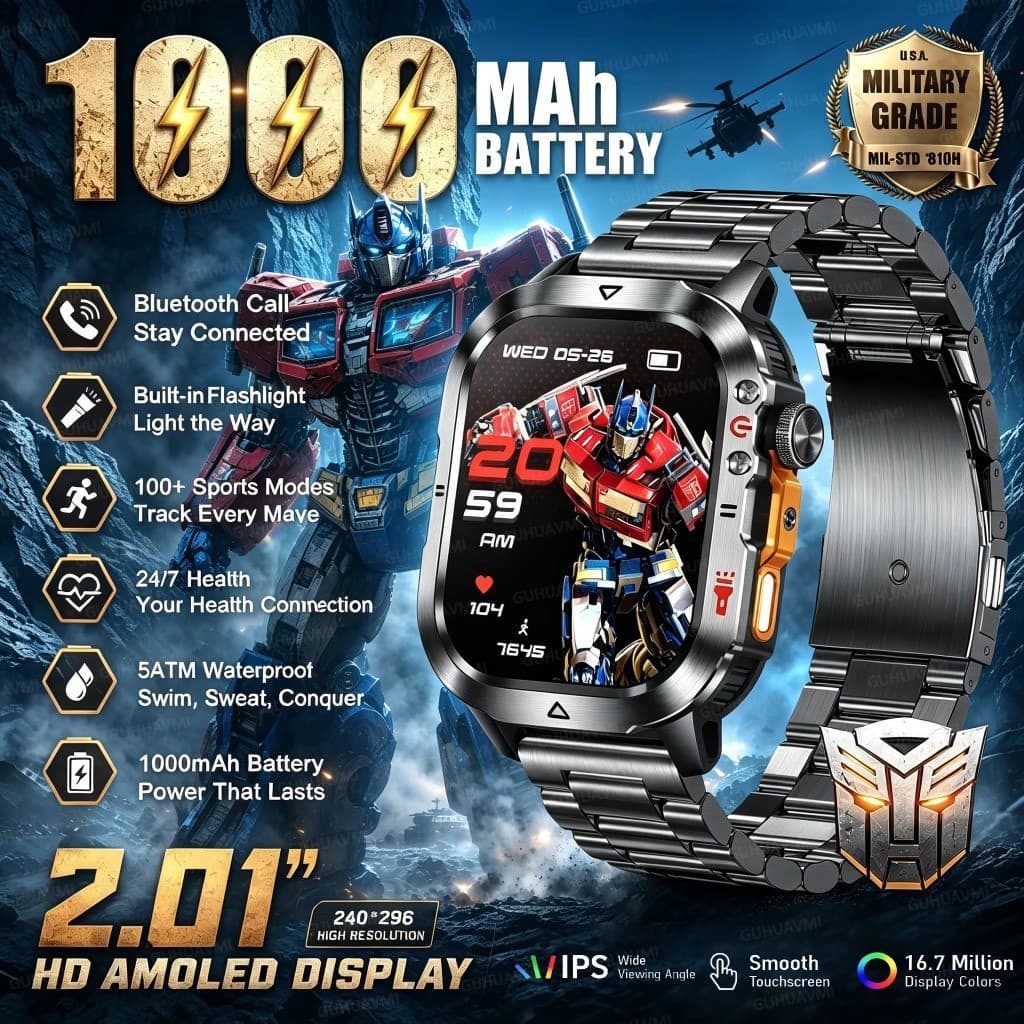 2026 Transformadores Militar 1400mAh Bateria Smartwatch Relógio Inteligente Masculino 2.01 " AMOLED 5ATM À Prova Dwaterp