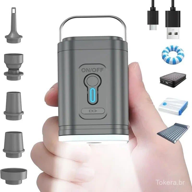 Bomba de Ar Portátil 1200mAh Recarregável por USB, Inflador/Desinflador Sem Fio para Colchão de Camping, Flutuador de Pi