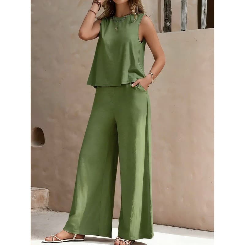 Roupa De Duas Peças De Linho De Algodão Feminina Em Torno Do Pescoço Sem Mangas Regata Cintura Elástica Calças Largas Co