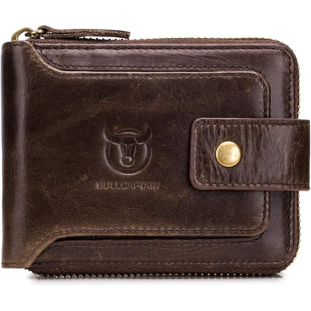 Carteira Masculina de Couro Genuíno BULLCAPTAIN, Grande Capacidade, Porta-Cartões de Identificação com Bolso para Moedas