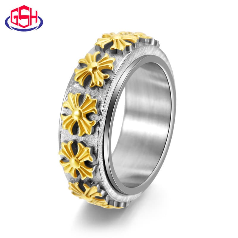 2026 novo estilo jóias Retro corvo flor titânio aço cruz anel rotativo masculino High-End anel20260728