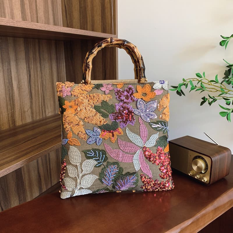 Bolsa de bambu High-End lantejoulas coloridas Retro senhoras mão-transporte indústria pesada bordado