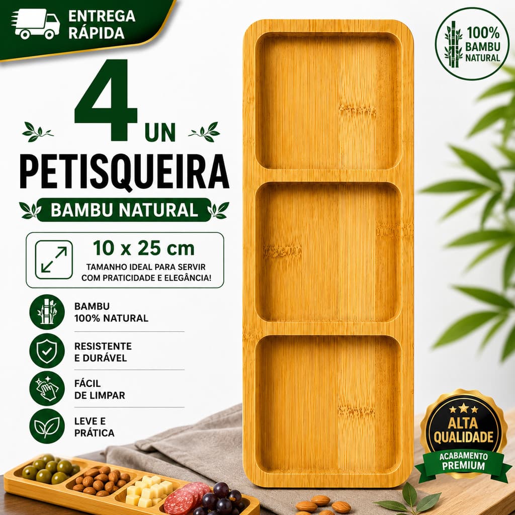 Combo Petisqueiras Bambu  Com 3 Divisórias Queijo Frios Petiscos