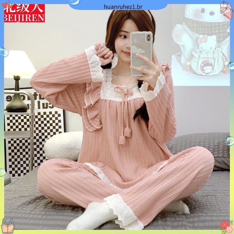 Pijamas femininos Plus Size gordura MM terno de duas peças primavera outono novo estilo de manga comprida fina princesa
