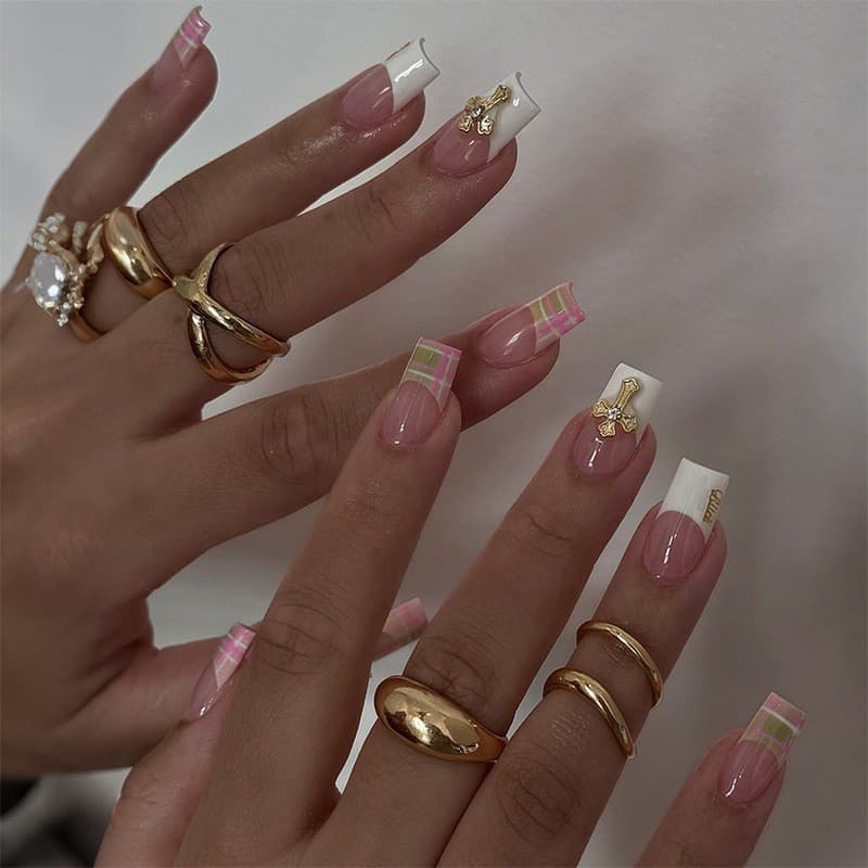 Europeu americano simples wearable unhas branco francês strass estilo ins piscando unhas wearable unhas falsas removívei