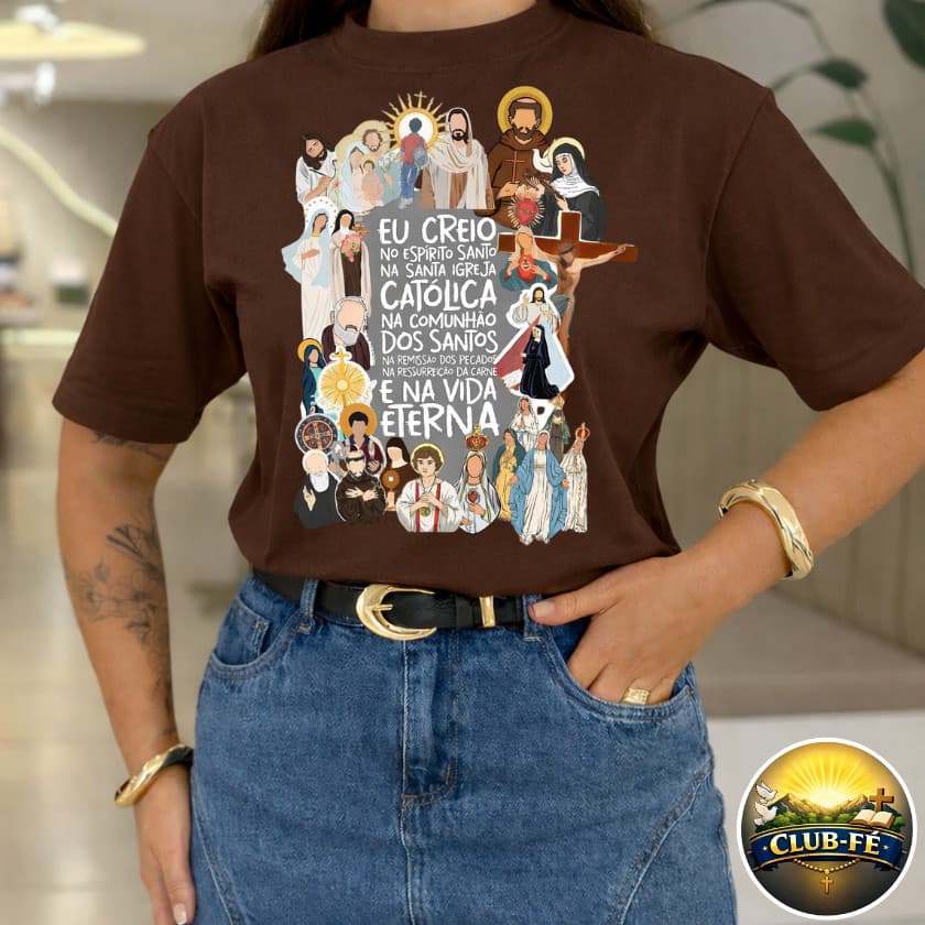Camiseta Moda Feminina e Masculina Cristã e Evangelica Eu Creio Católica Estampa Santos e Profissão de Fé 100% Algodão