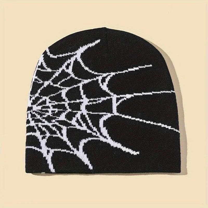 Gorro Jacquard com Padrão de Teia de Aranha Gótica Y2K, Gorro de Malha Hip Hop Unissex Elástico para Mulheres e Homens