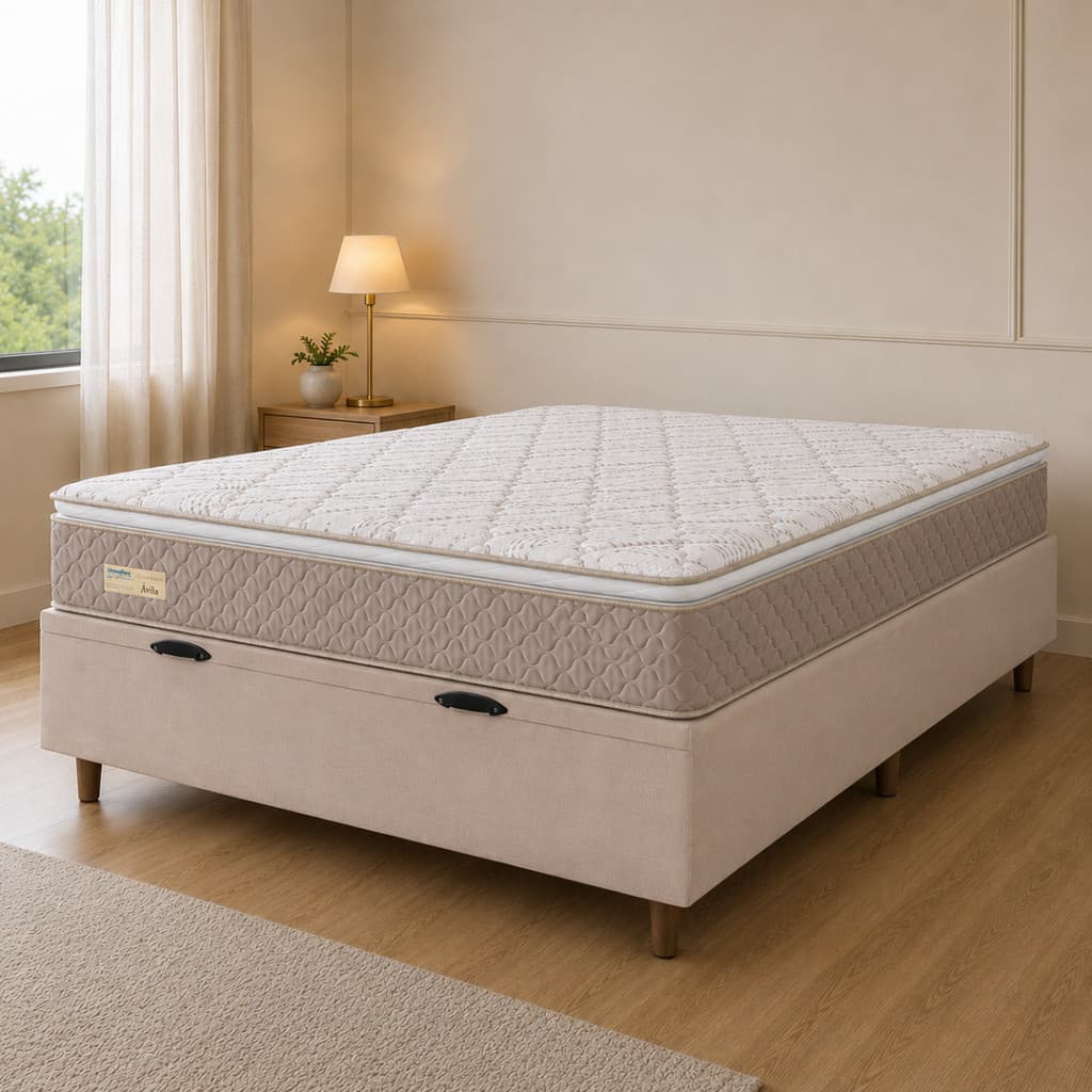 Cama Box Baú Blindado Casal 138x188x67cm com Colchão de Molas Ensacadas Pillow Top Ávila Bege
