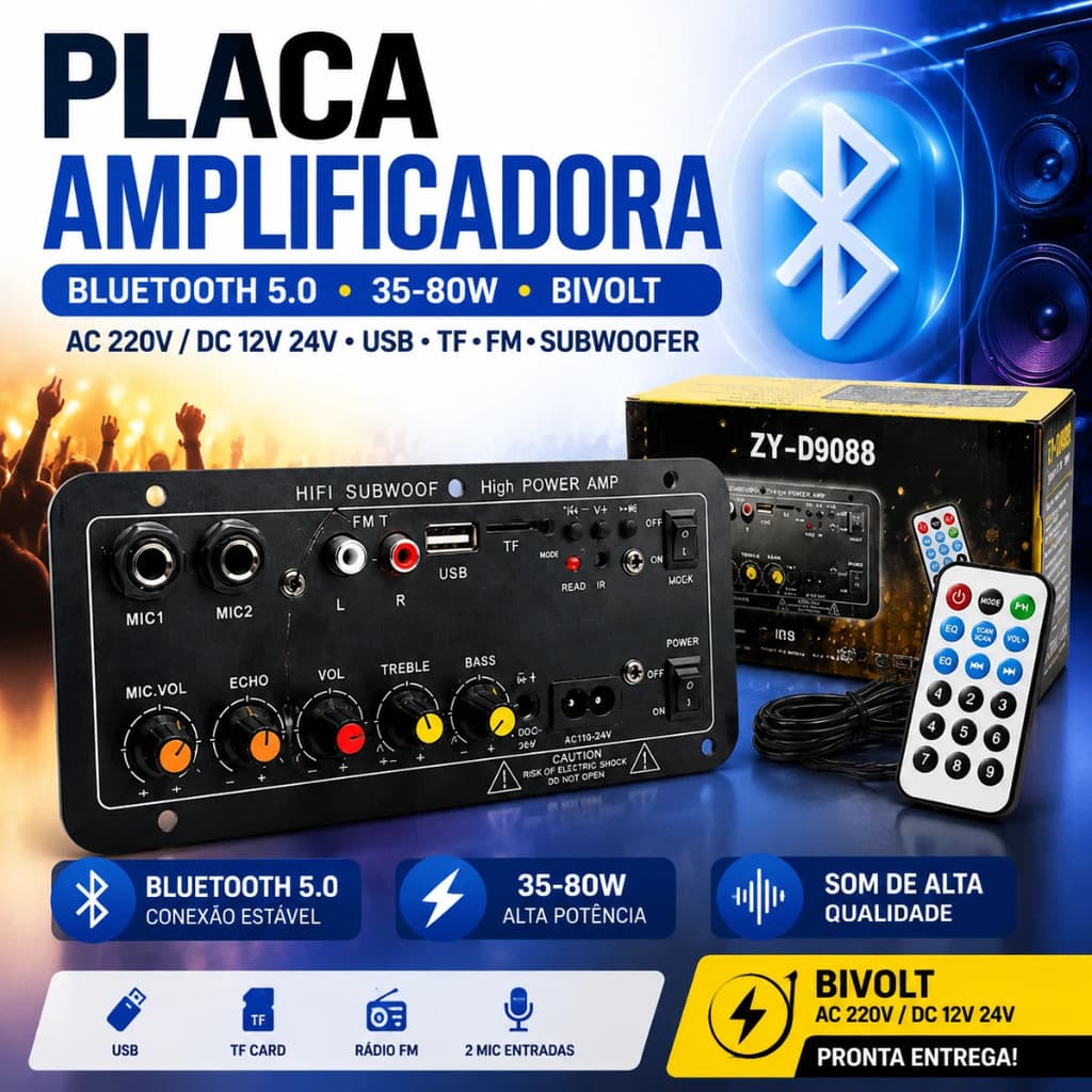 Placa Amplificadora Bluetooth 5.0 35-80W Bivolt AC 220V DC 12V 24V USB TF FM Subwoofer