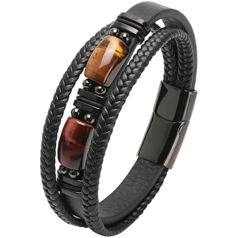 Pulseiras Masculinas Olho De Tigre – Punho Punk De Aço Inoxidável Joias De Couro Multicamadas Pretas