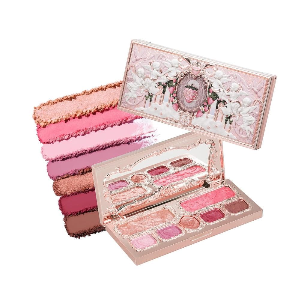 Paleta de Maquiagem Flower Knows Strawberry Cupid, Maquiagem Facial Rosa com 5 Tons Matte + 2 Tons Brilhantes, Paleta de