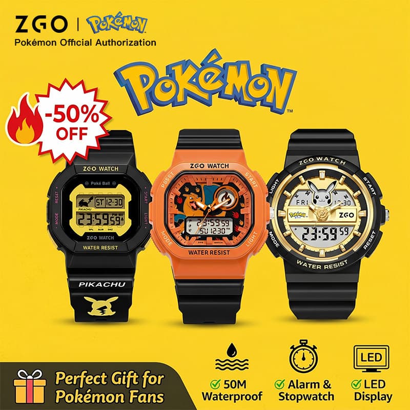 Relógio Eletrônico Masculino ZGO Pokémon Pikachu 50M À Prova D'água Luminoso Presente De Aniversário 866