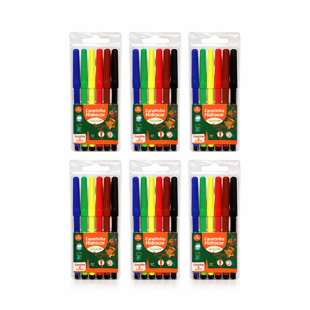Kit 6 Estojos Canetinha Hidrocor 6 Cores Lavável Escolar