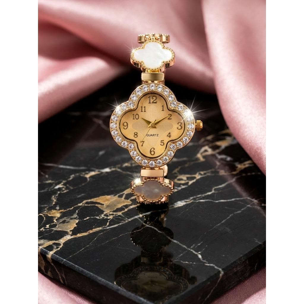 Relógio Feminino Trevo Dourado com Brilho Elegante