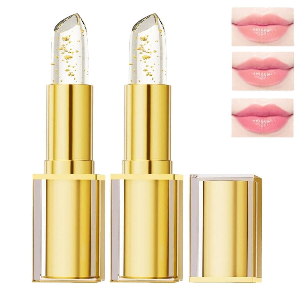2PCS Batom Transferproof que Muda de Cor, Batom que Muda de Cor com Folha Dourada para Mulheres, Brilho Labial Hidratant