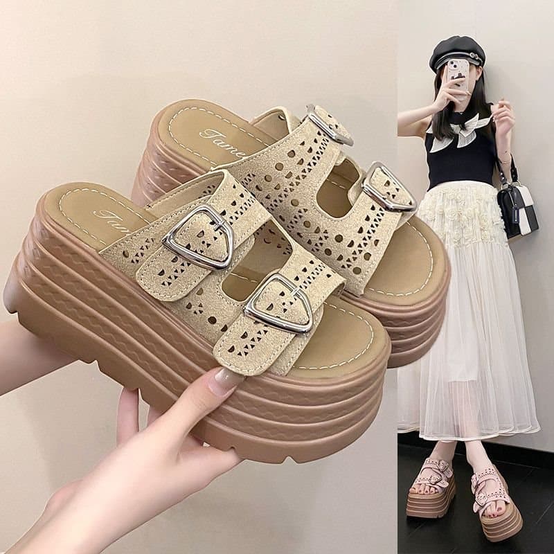 Aumentar a altura 8CM, sola grossa aumentar a altura fivela de cinto High-End sentido plataforma chinelos feminino, verã