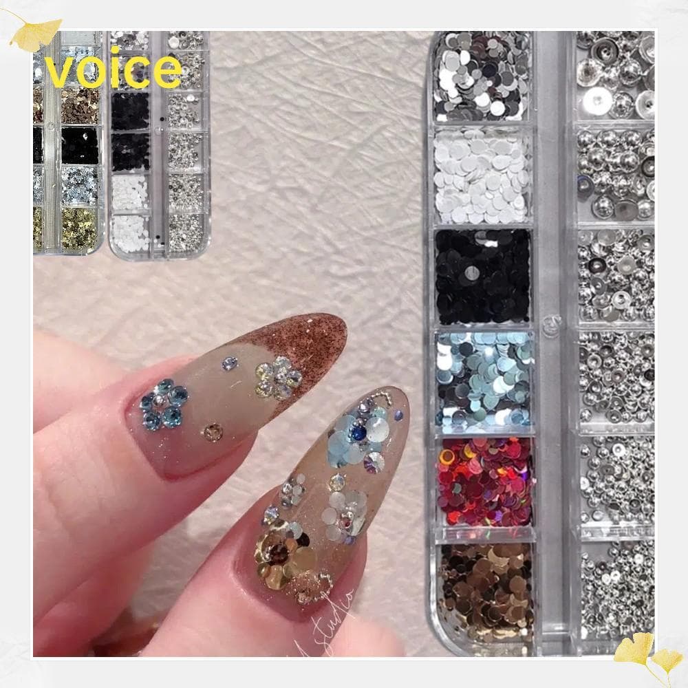 Voz Polka Dot Glitter Nail Art Decorações , Meio Círculo Prata Grânulo 12 Grade Acessórios Para Unhas