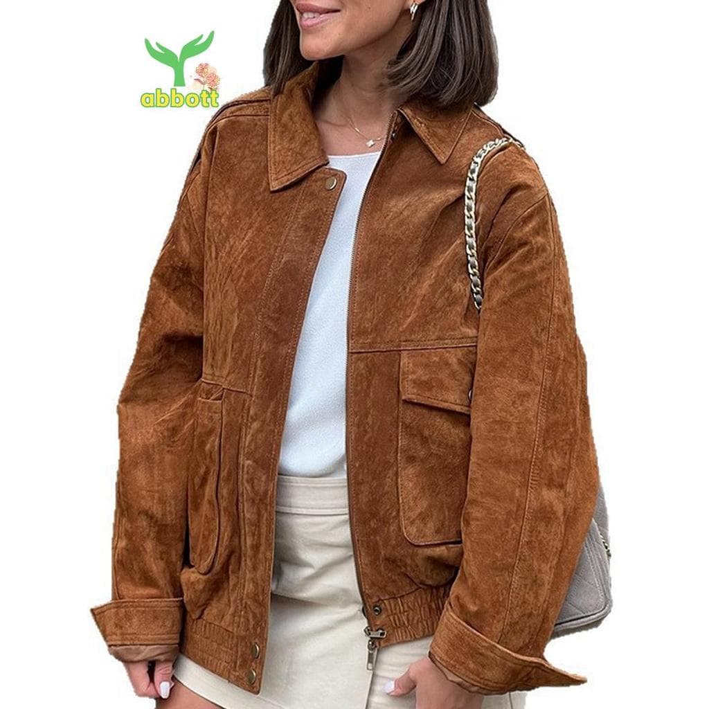 [Quick A] Jaqueta Feminina Vintage De Camurça Sintética Com Zíper Bomber Gola De Lapela Recortada De Motociclista Casaco