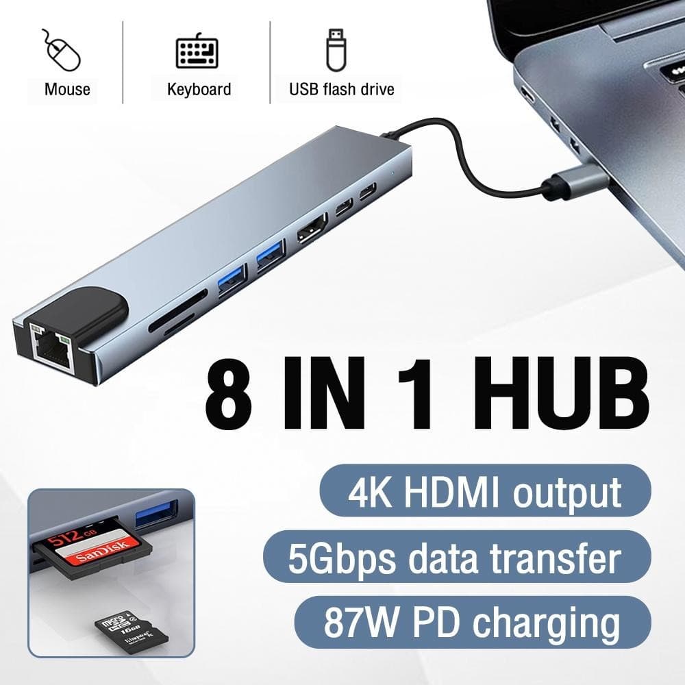 Adaptador 8 Em 1 USB Type C Para 4K HDMI RJ45 Ethernet 3.0 Leitor De Cartão TF PD MicroSD Pigfly