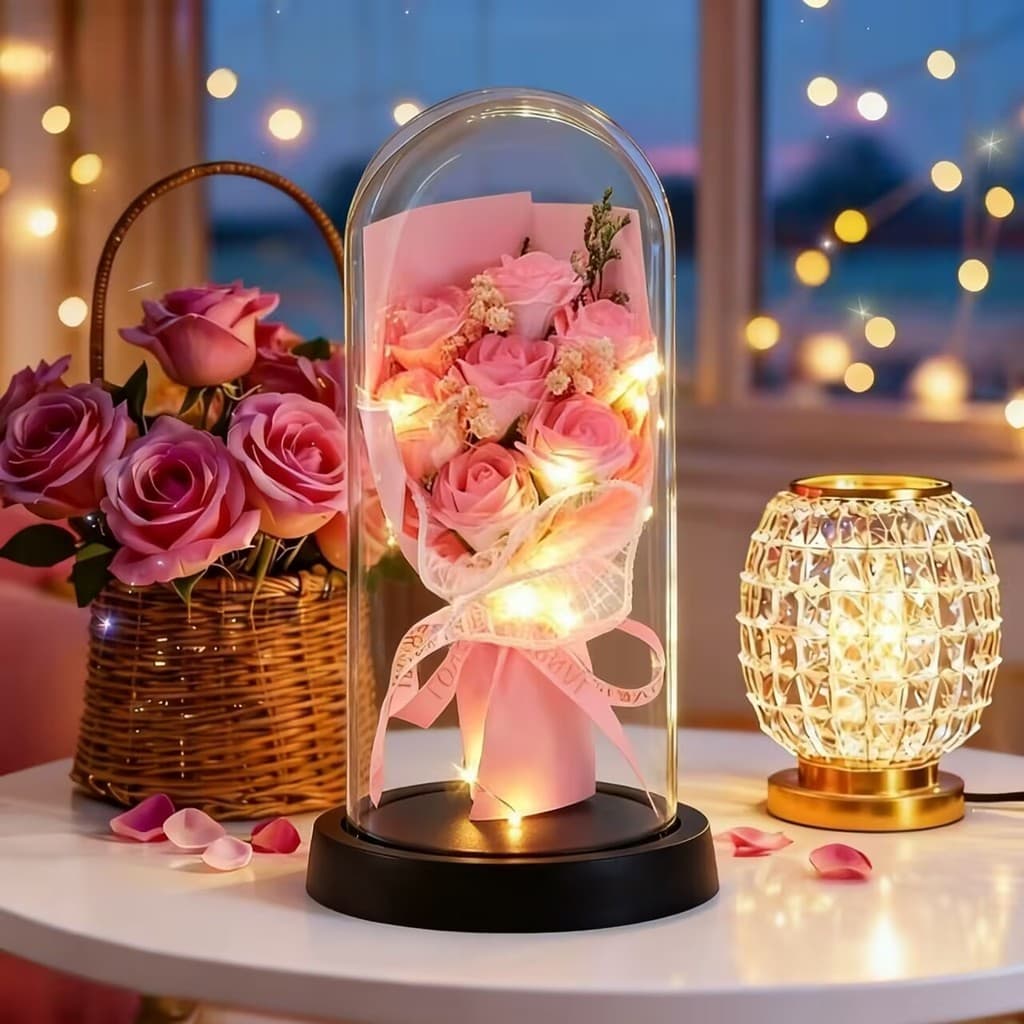 rosas flores artificiais secas para decoração jarro de buquê flor sempre viva com Luz LED Presente Namorada aniversário