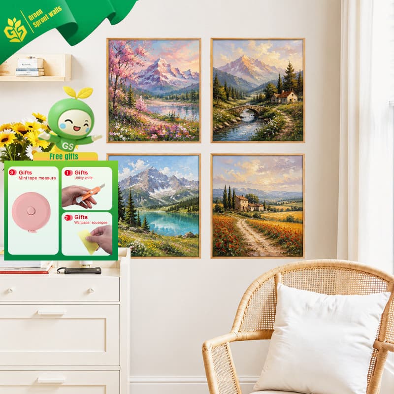 Adesivos de parede Snow Mountain Wheatfield Riverside Pintura de paisagem PVC à prova d'água autoadesivo 30x30cm Pacote