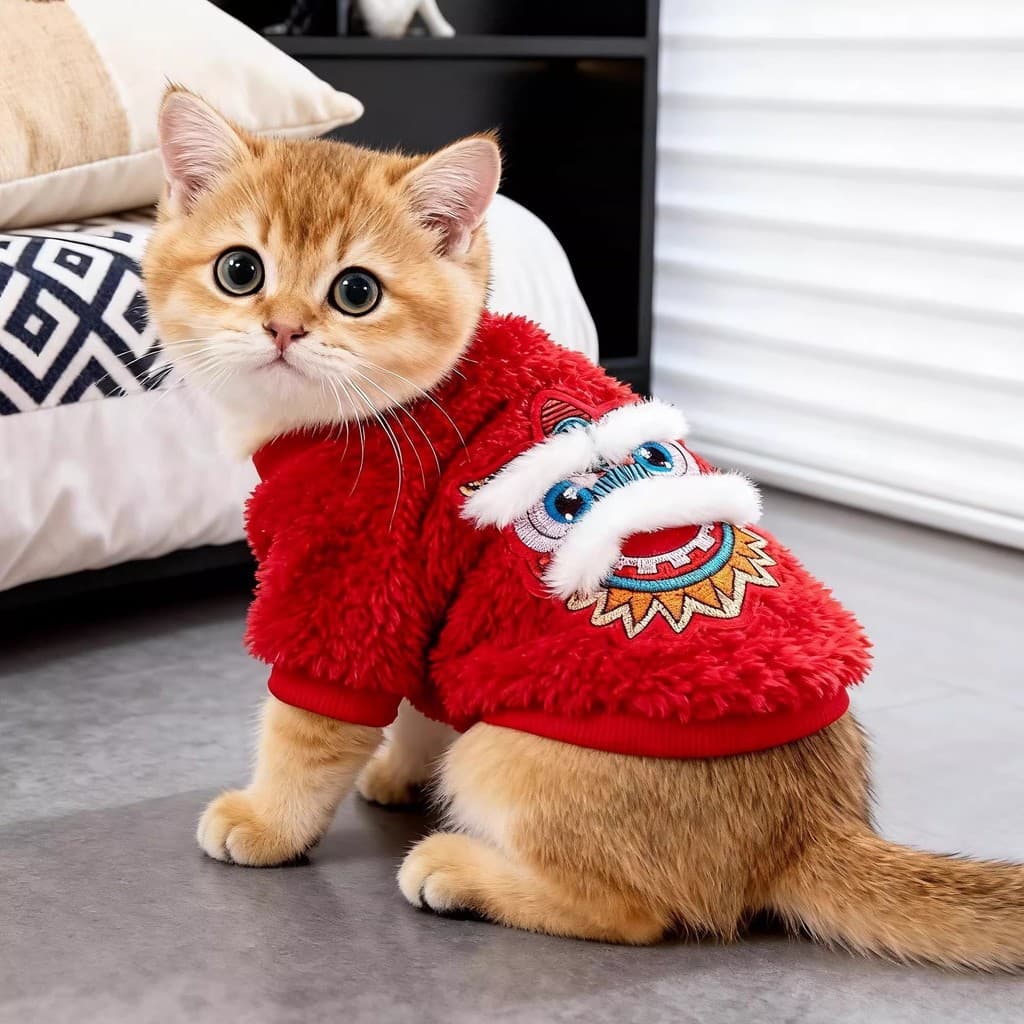Gato roupas de gato leão vermelho dança Tang terno roupas de inverno ano novo forro de lã quente festivo Muppets gato az