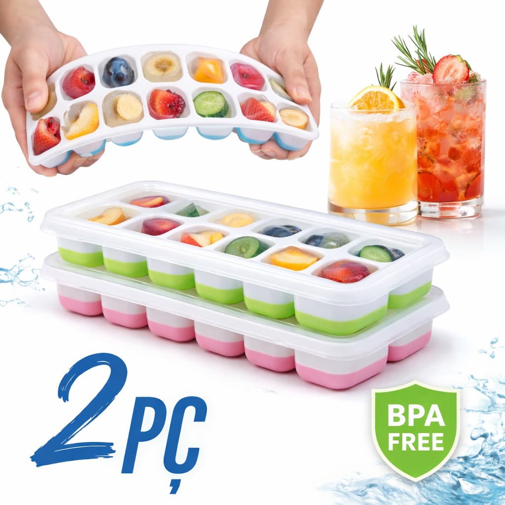 Kit 2 Formas de Gelo Silicone com Tampa Antiderramamento