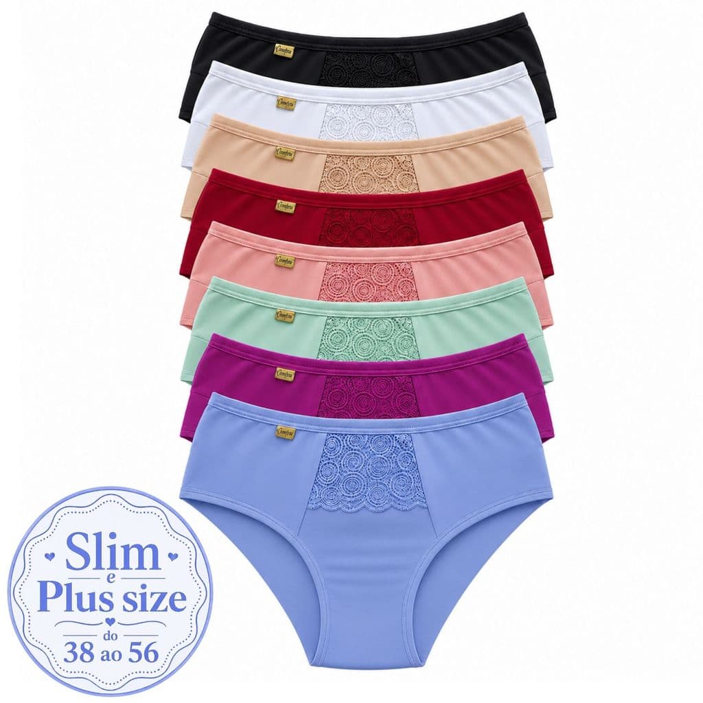 Kit Calcinha Conforto Cintura Alta C/ Renda Forro 100% Algodão Tanga Cós Alto Segura Barriga