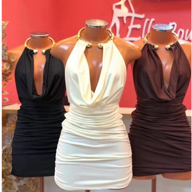 Vestido Curto Feminino Decote Profundo Suplex Poliamida Argola no  Pescoço Halter Tendência Colar 2026 Balada Casul Midi