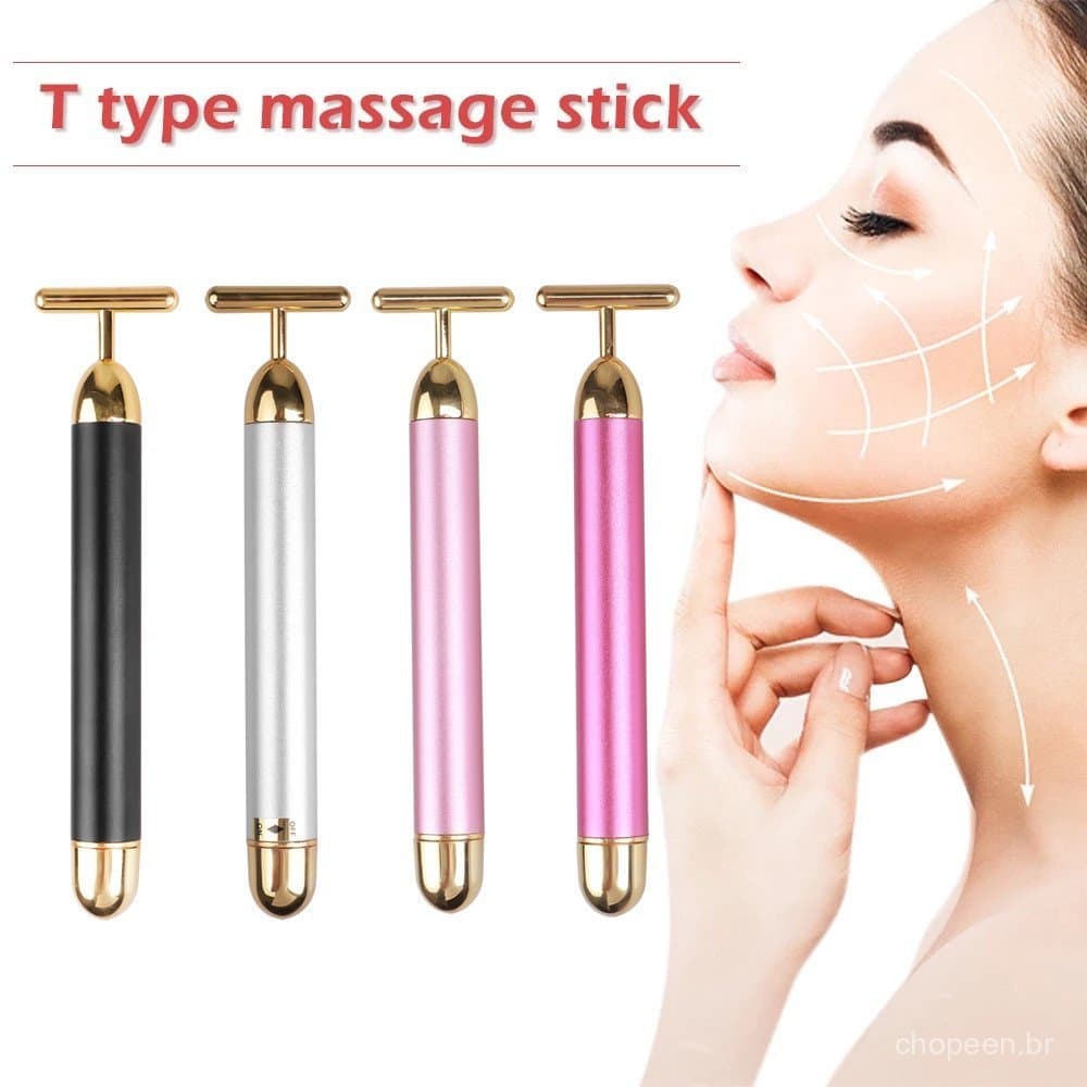 Massageador Facial Vibratório em Forma de T de Ouro 24K para Lifting e Emagrecimento