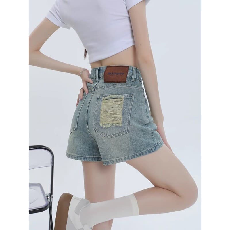 Rasgado A linha Denim Shorts feminino fino solto cor clara cintura alta mais magro olhar tamanho grande gordura MM calça