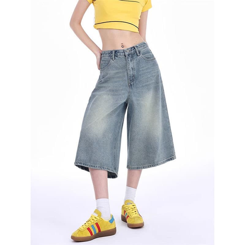 High Street Denim Shorts feminino novo lavado angustiado solto quente menina calças cortadas calças de perna larga
