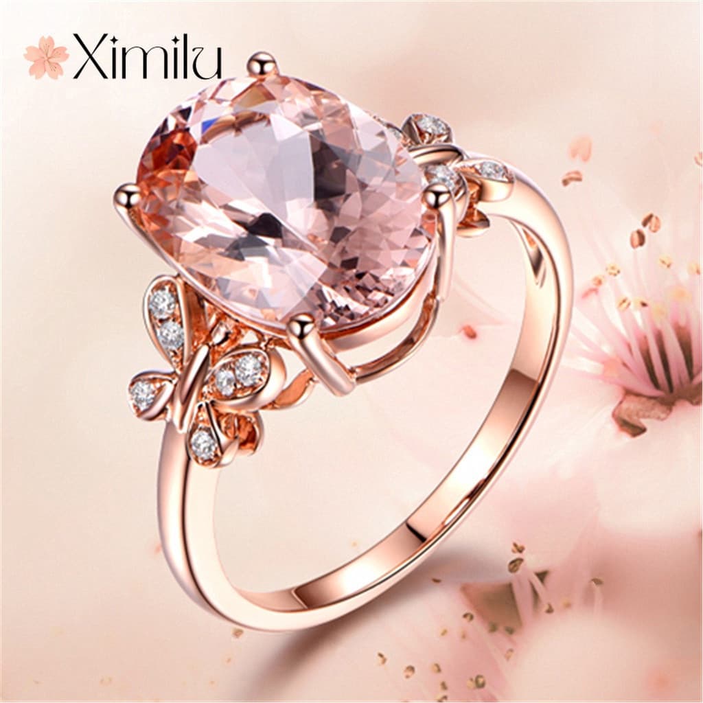 Anel De Diamante Natural Morganite 18K Rosa Gold Ring