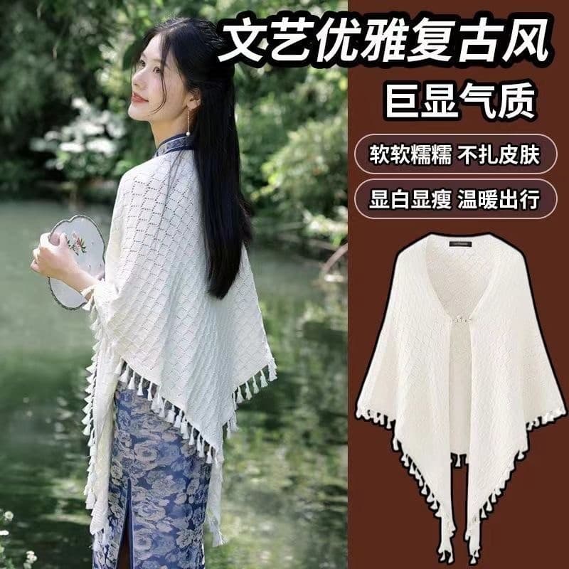 Borla xale 丨 malha elegante renda cor sólida cachecol All-Match Cheongsam acessórios jaqueta feminina Retro Tempera