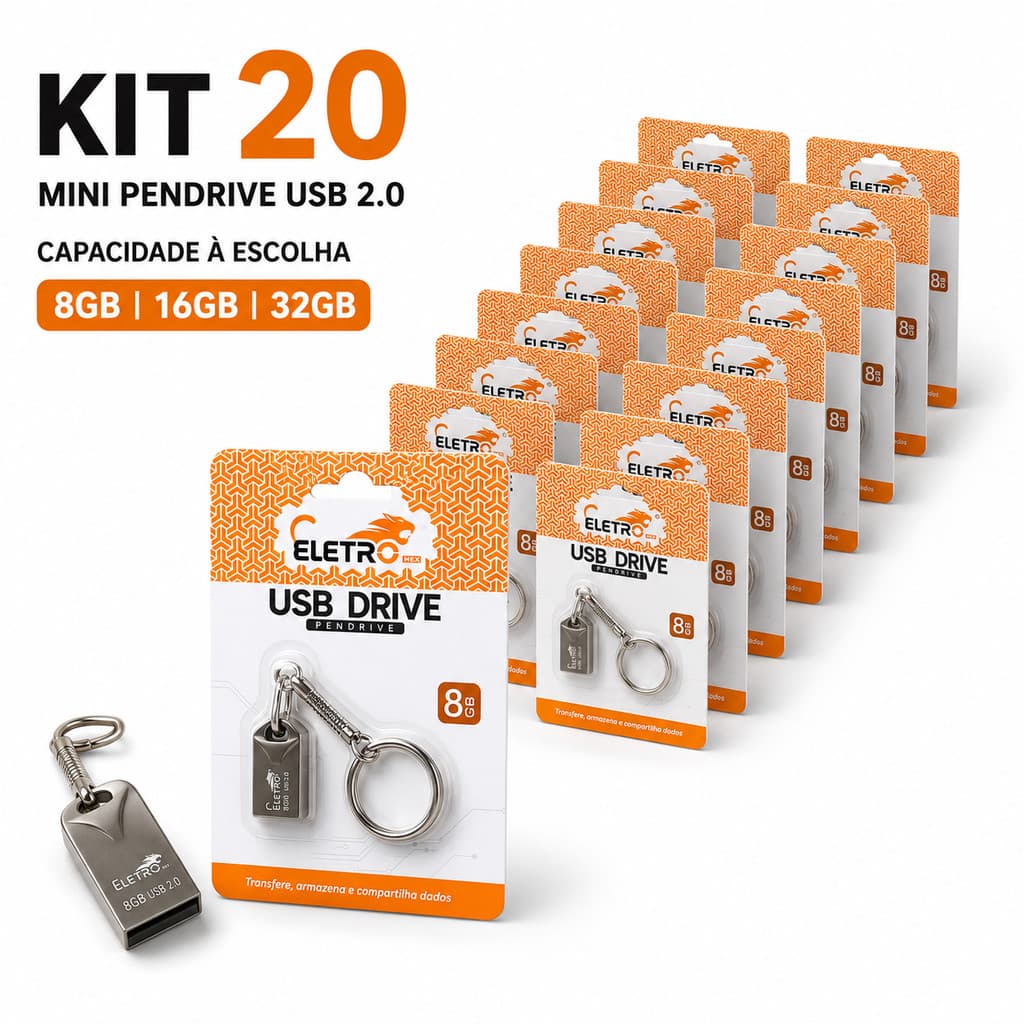 Atacado Kit 20 Mini Pendrive Eletro/Kapbom/H'maston/Altomex Original – Chaveiro Metálico USB 2.0 (8GB a 32GB)