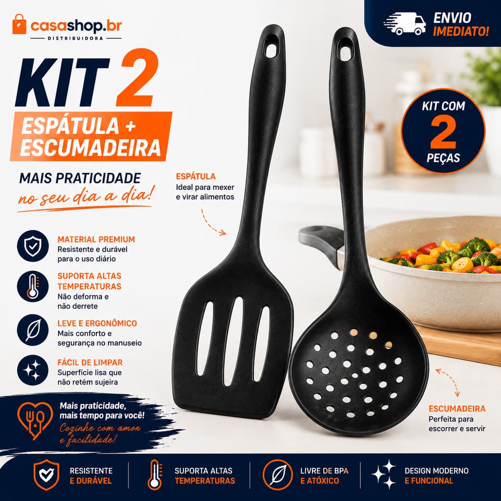 Kit Espátula e Escumadeira Antiaderente Premium Utensílios Para Cozinha Restaurante