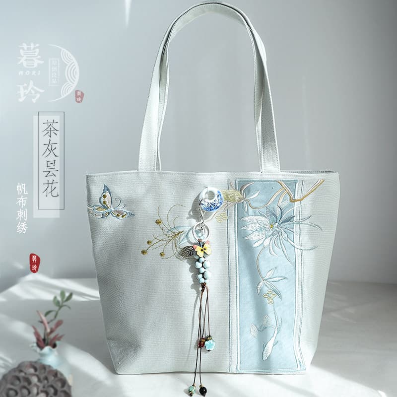 Bolsa de lona literária antiga bordada bolsa feminina estilo Hanfu bolsa feminina