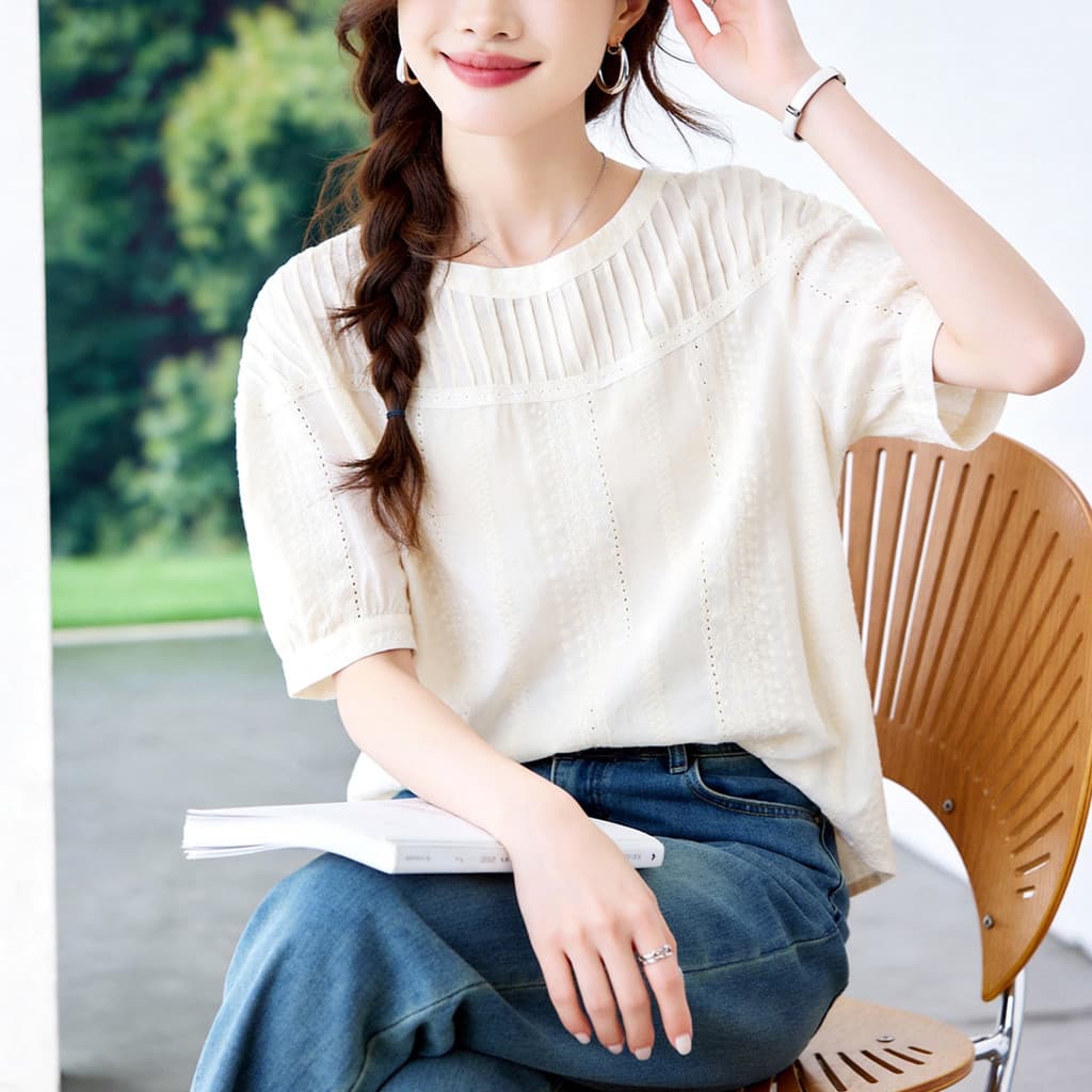Órgão plissado camisa branca feminina de manga curta em torno do pescoço pulôver Design topo feminino camisa de algodão