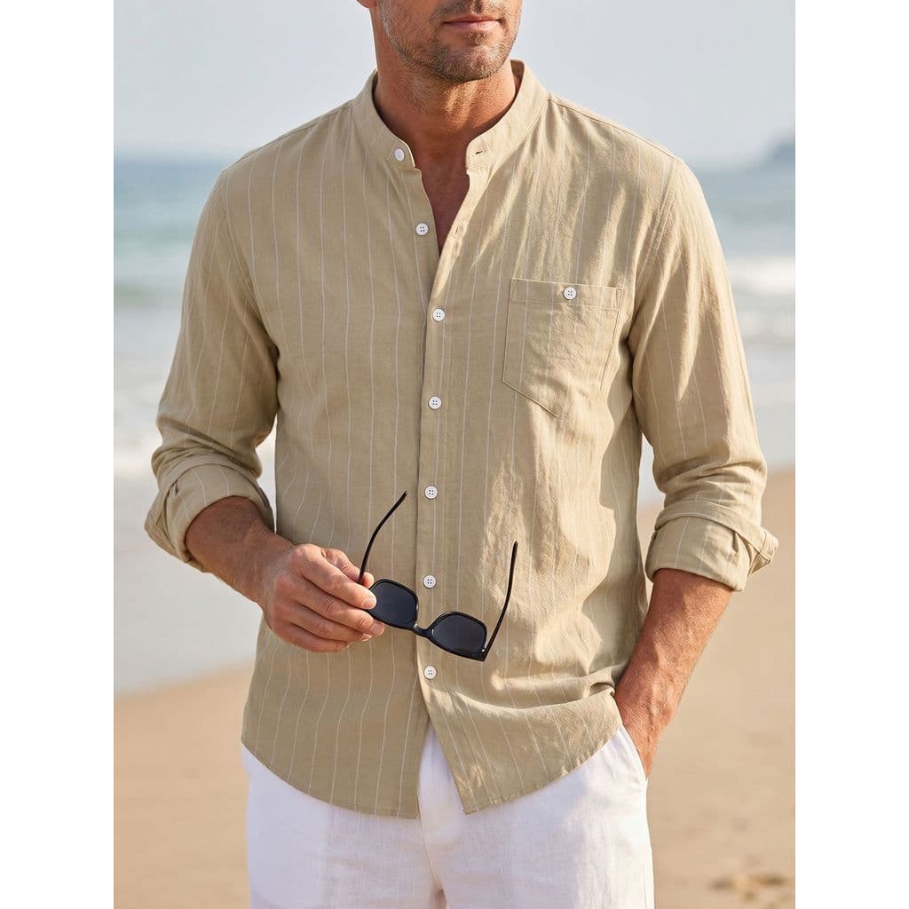 Bootrendy Camisa Masculina Listrada Algodão Linho Gola Mandarim Manga Comprida Plus Size Smart Casual Praia Diário