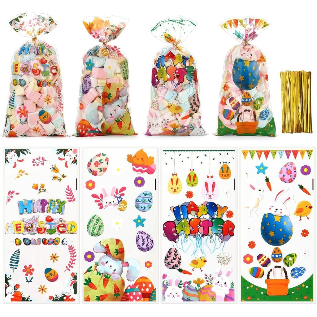 PintreeLand Sacos de Presente de Páscoa 50PCS com Laços Dourados, Sacos de Celofane para Doces e Biscoitos com Design de