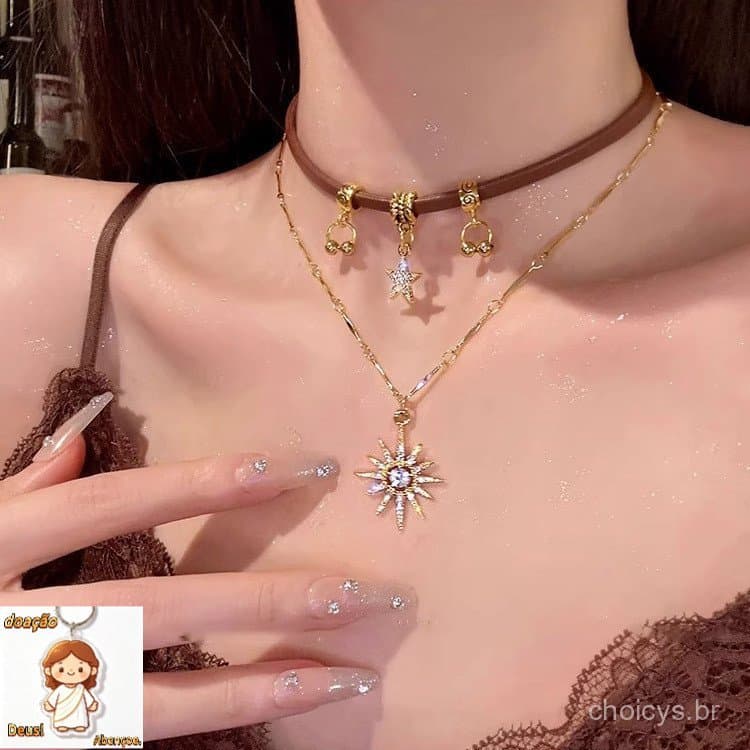Colar feminino de couro marrom com estrela de girassol de camada dupla, gargantilha com design de nicho, colar curto