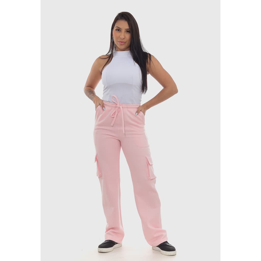 Calça Feminina Moletom Cargo Quartzo Rosa