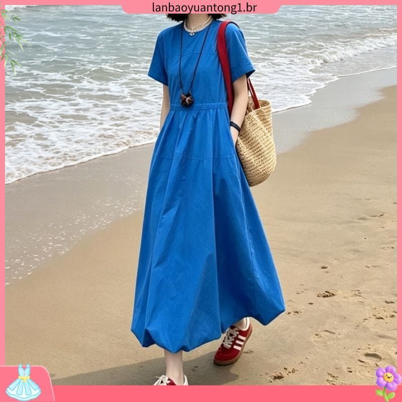Vestido de comprimento médio versão coreana estilo Preppy azul Bud saia longa feminina 2026 verão solto estilo preguiços