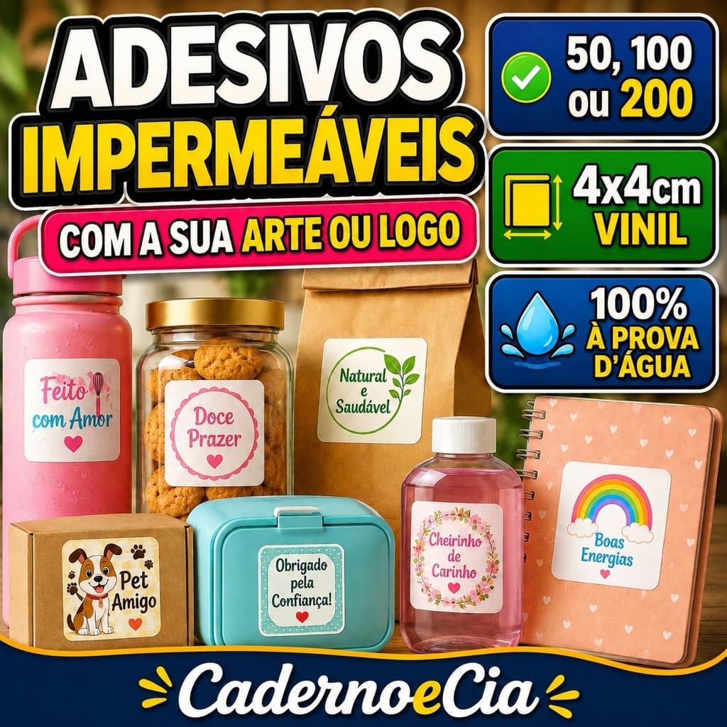 Adesivos Impermeáveis 4x4cm Personalizados | 50 100 ou 200 un | Sua Arte