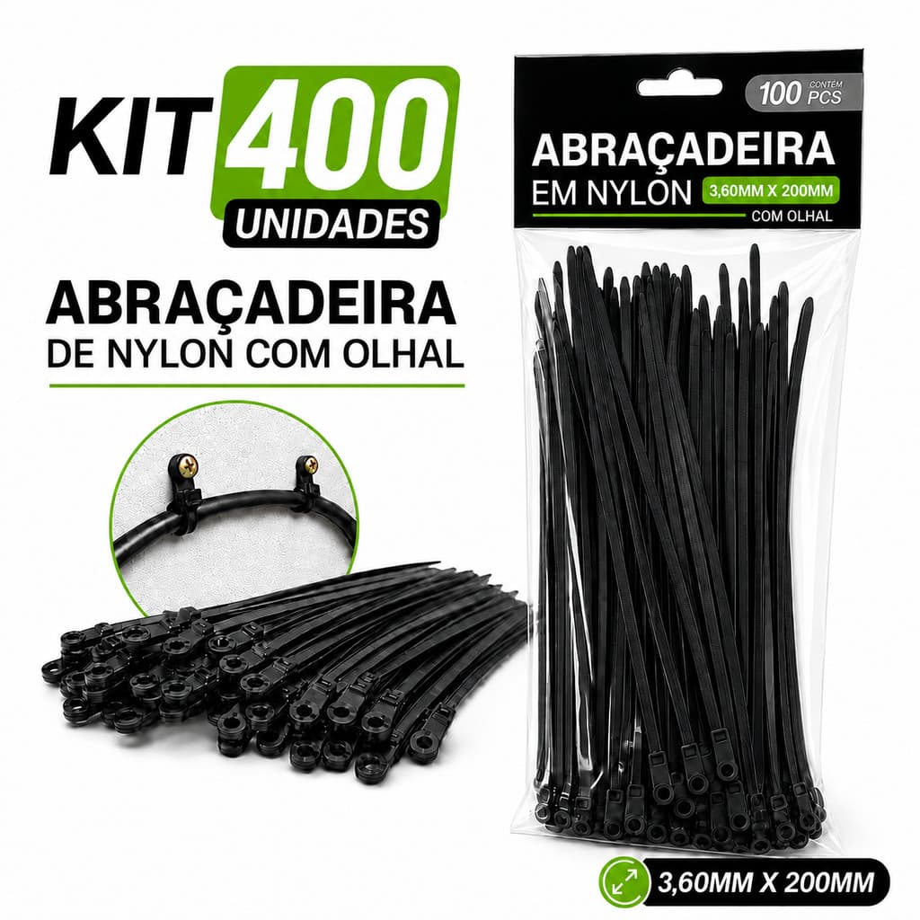 Abraçadeira de Nylon Preta com Olhal para Parafuso 3,6x200mm Enforca-Gato para Fixação e Organização de Cabos
