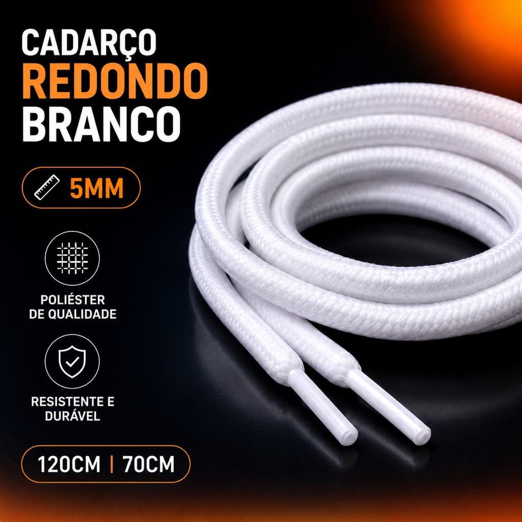 1/2/4/12 Par Cadarço Redondo Roliço Branco de Qualidade para Tenis 120cm ou 70cm - Coturno, Bota, Short, Moletons