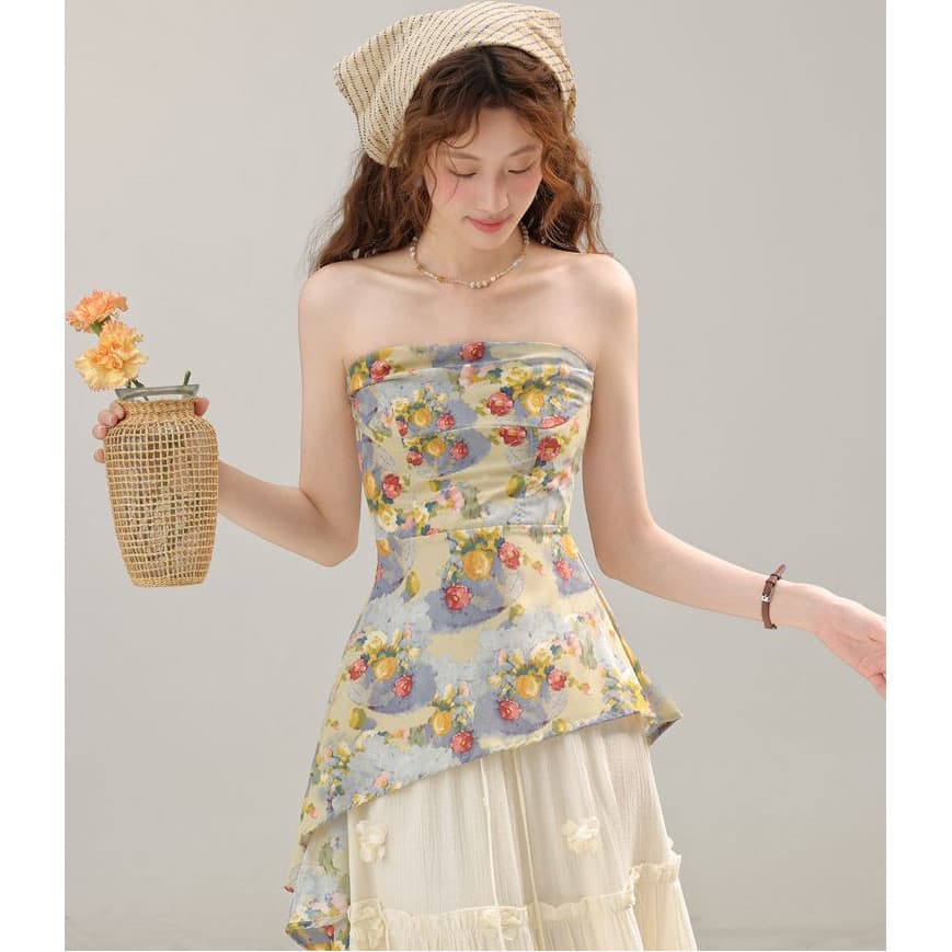 [Top tubo de camada dupla] Irregular cintura estreita flor cor Floral tubo superior camisola feminina verão impresso cam