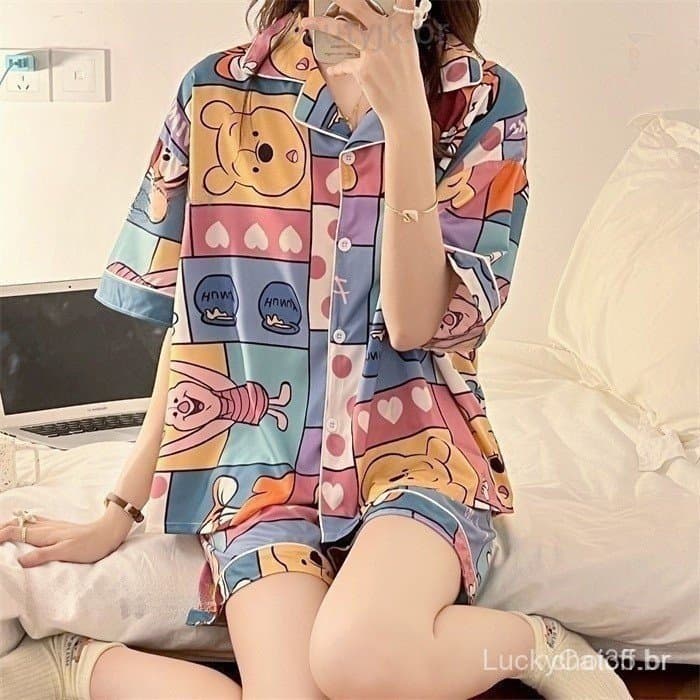Tamanhos Grandes: Pijama Feminino de Verão em Algodão Puro, Manga Curta, Estampa Floral, Confortável EPH2